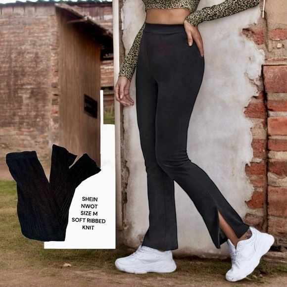 NWOT SHEIN Athletic Pants Black Split Hem Soft Ribbed Knit Leggings Size Medium - Picture 5 of 5